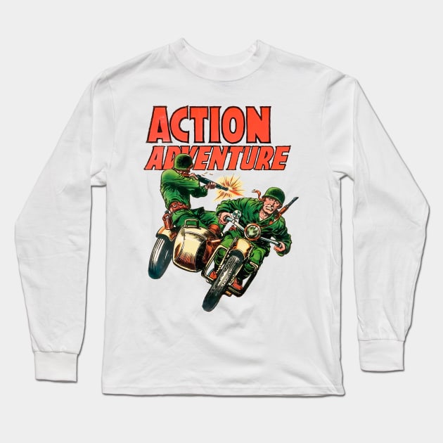 Retro Sidecar Motorcycle Soldiers Military Army Action 1955 Adventure Vintage Comic Book Cover Long Sleeve T-Shirt by REVISTANGO